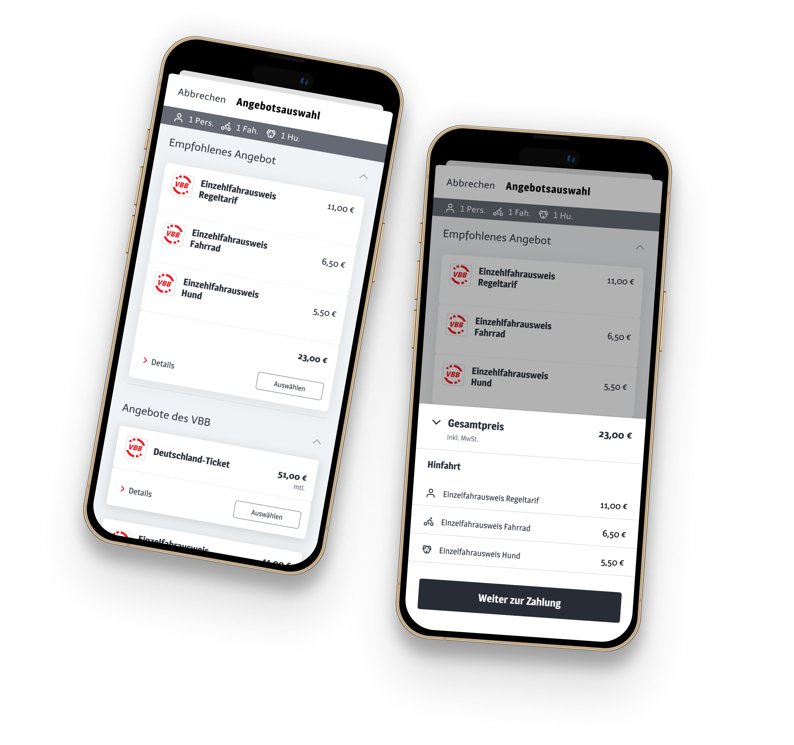 The redesigned Deutsche Bahn offer selection, showing passenger, bike and dog tickets priced together in one booking
